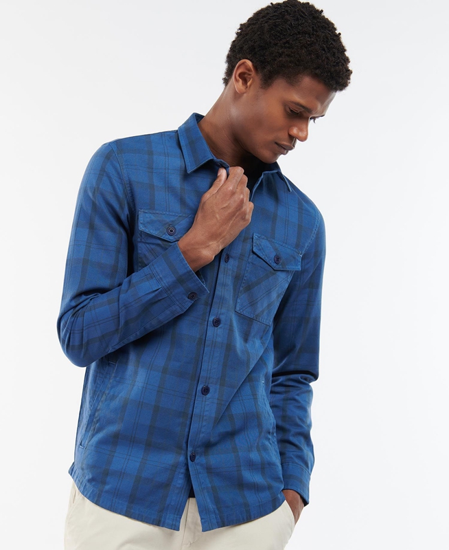 Blue Men's Barbour Overdyed Cannich Overshirt Shirts | XTPO-09568