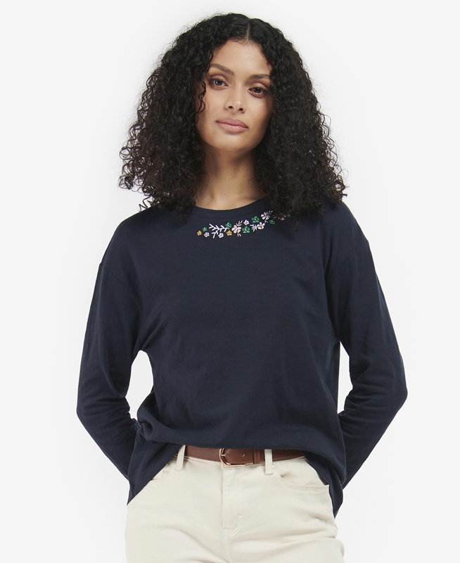 Navy Women's Barbour Amberley T Shirts | TZOA-87601