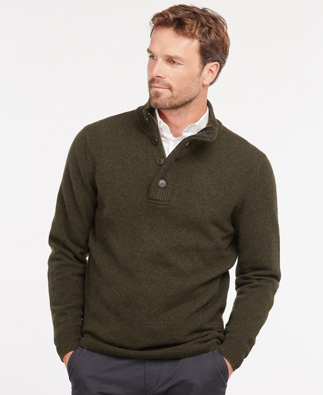 Olive Men's Barbour Essential Patch Half Zip Sweaters | ZJYP-64071