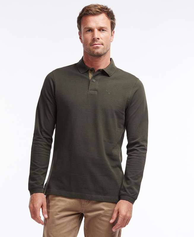 Green Men's Barbour Essential Langarmshirt Sports Polo shirts | CQDE-05482