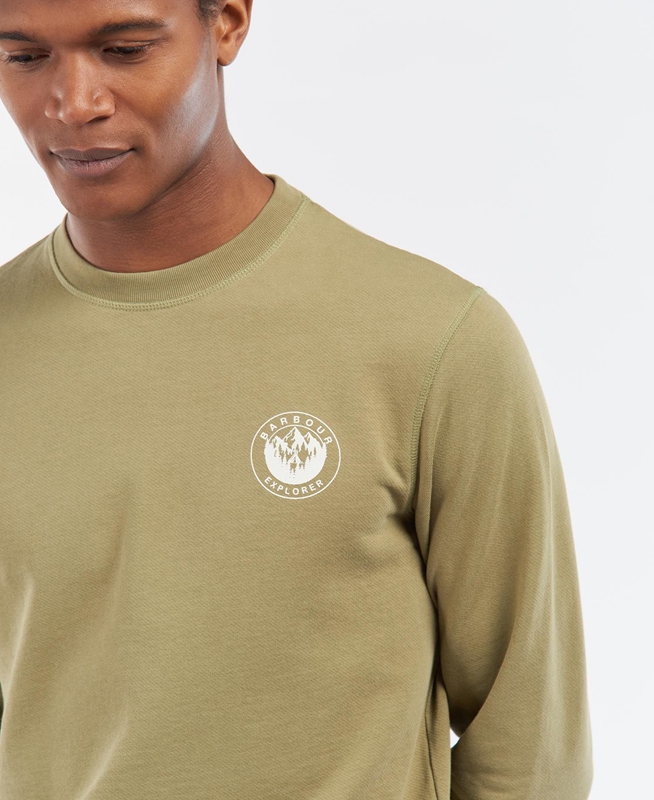 Olive Men's Barbour Explorer Camper Crew Sweatshirts | NPIY-81960